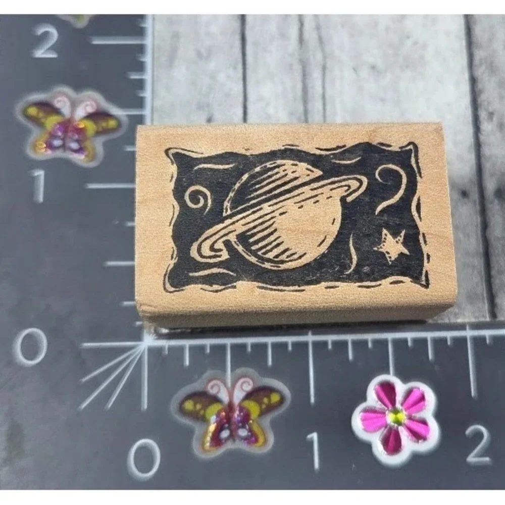 Saturn Planet Stars Etched Rubber Stamp Wood #E110
